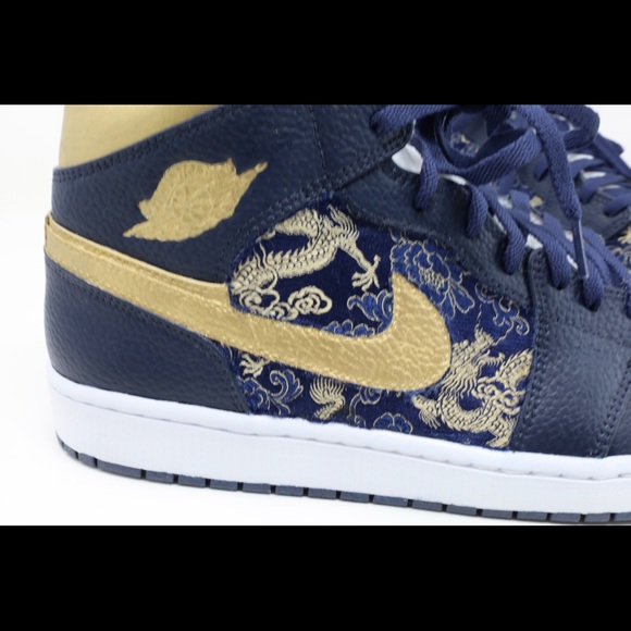 Custom Jordan 1 High Top Golden Dragon Navy and Gold size 12 Men - Picture 4 of 6